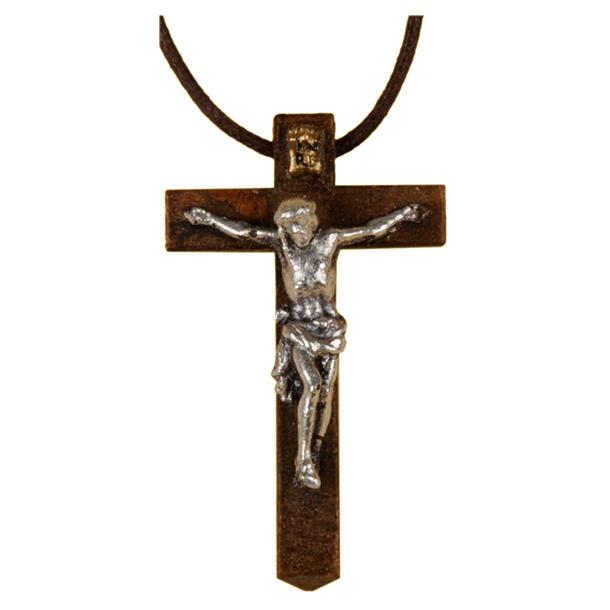 Anhänger - Kreuz mit Jesus, Holz mit Schnüre - Lasiert
